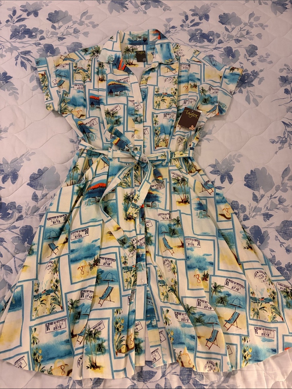 Taylor Aqua & Cream Monte Carlo Postcard Shirtwaist tie front Dress